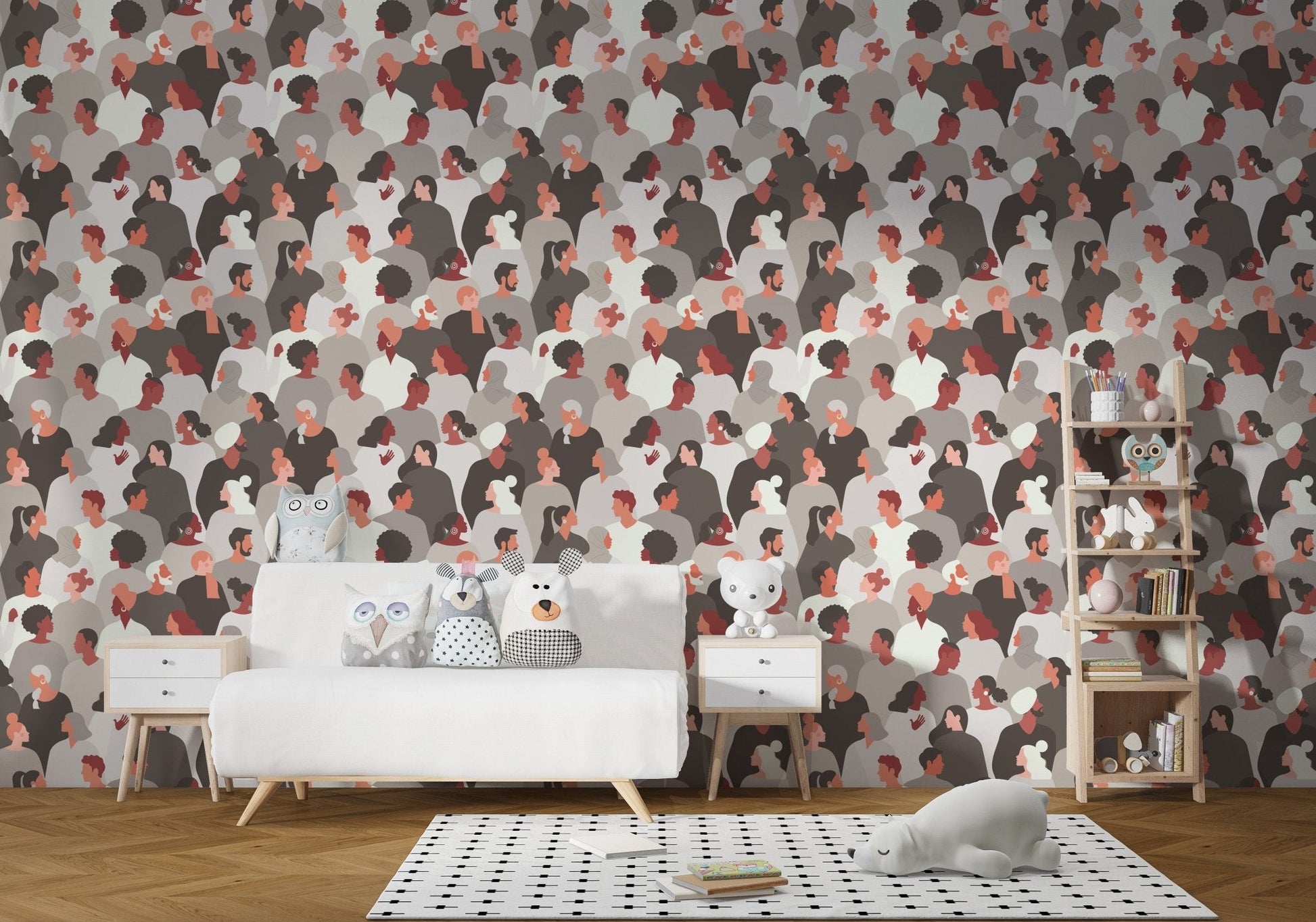 Artistic human mosaic wallpaper soft brown and beige color.