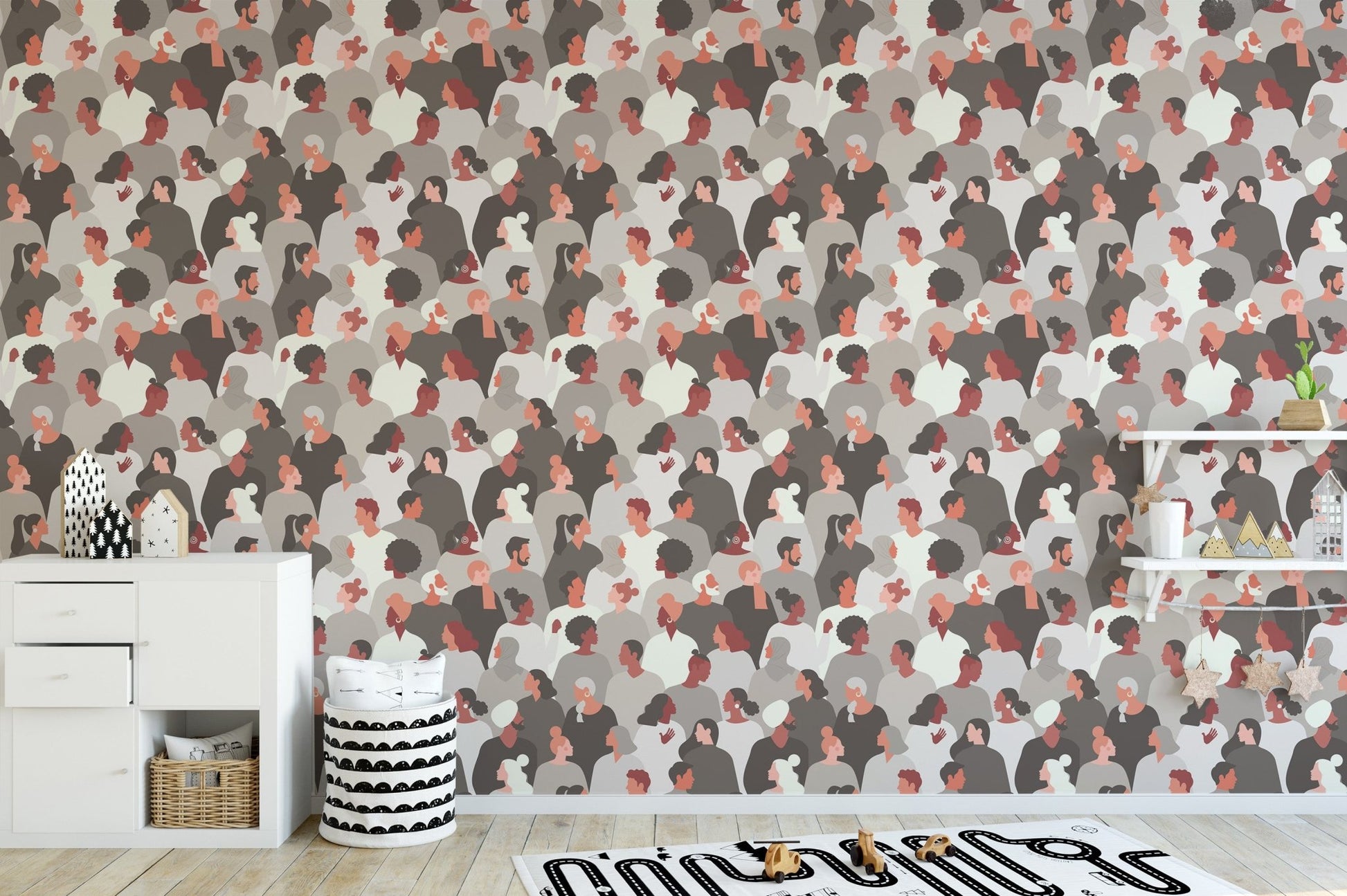 Artistic mosaic faces wallpaper in contemporary neutral tones.