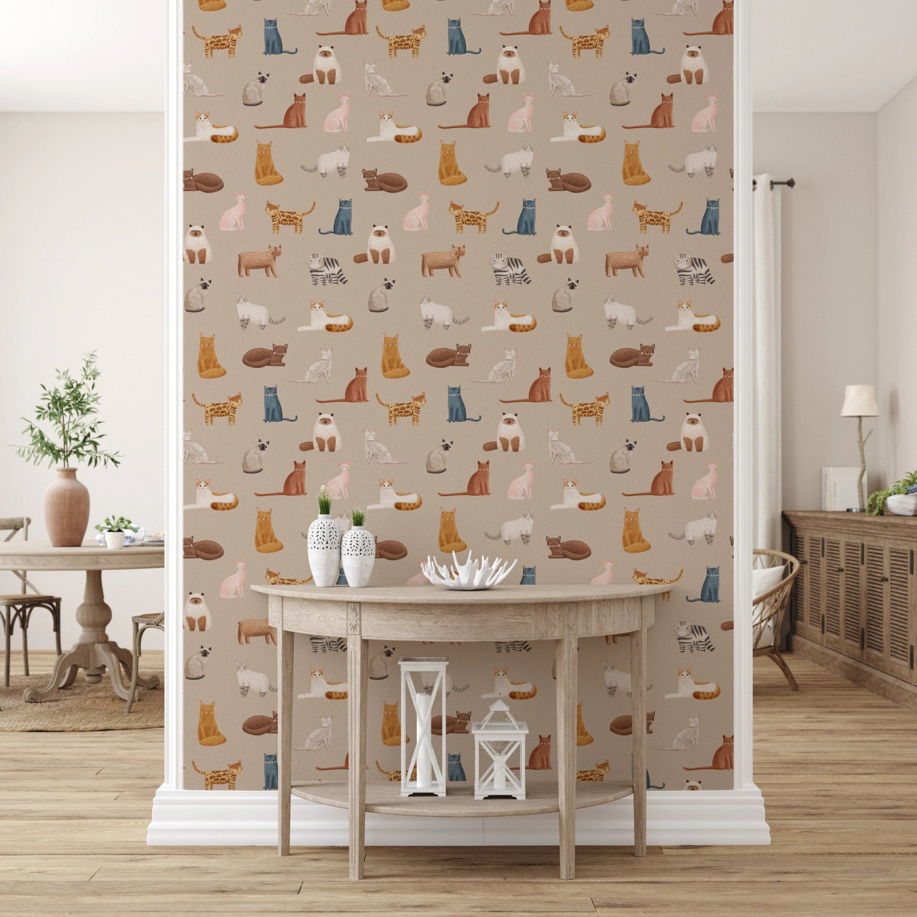 Watercolor cats on beige nursery wallpaper
