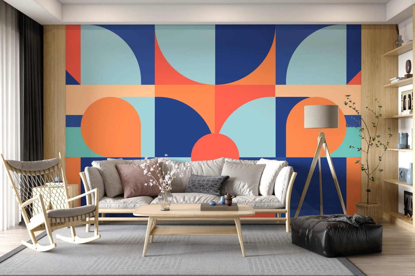 Retro style geometric wall mural in a living area with a grey rug and wooden floor