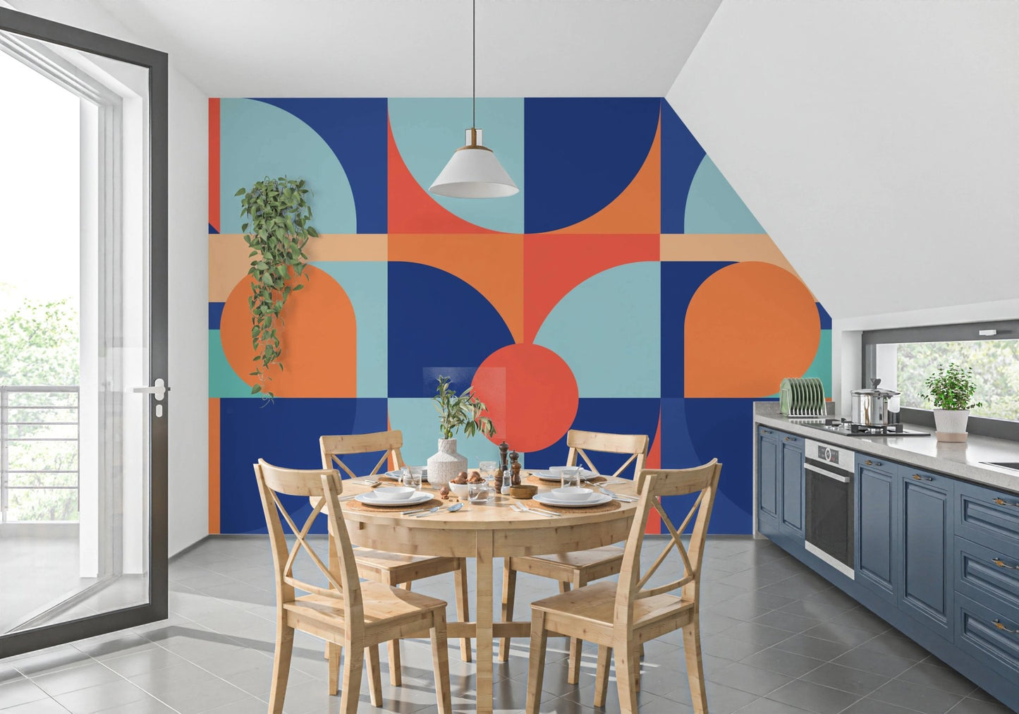 Curved Geometry Wall Mural in a dining area with a round wooden table and chairs