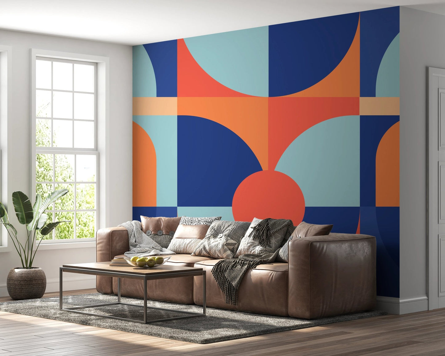 Curved Geometry Wall Mural in a contemporary living space with a brown leather couch