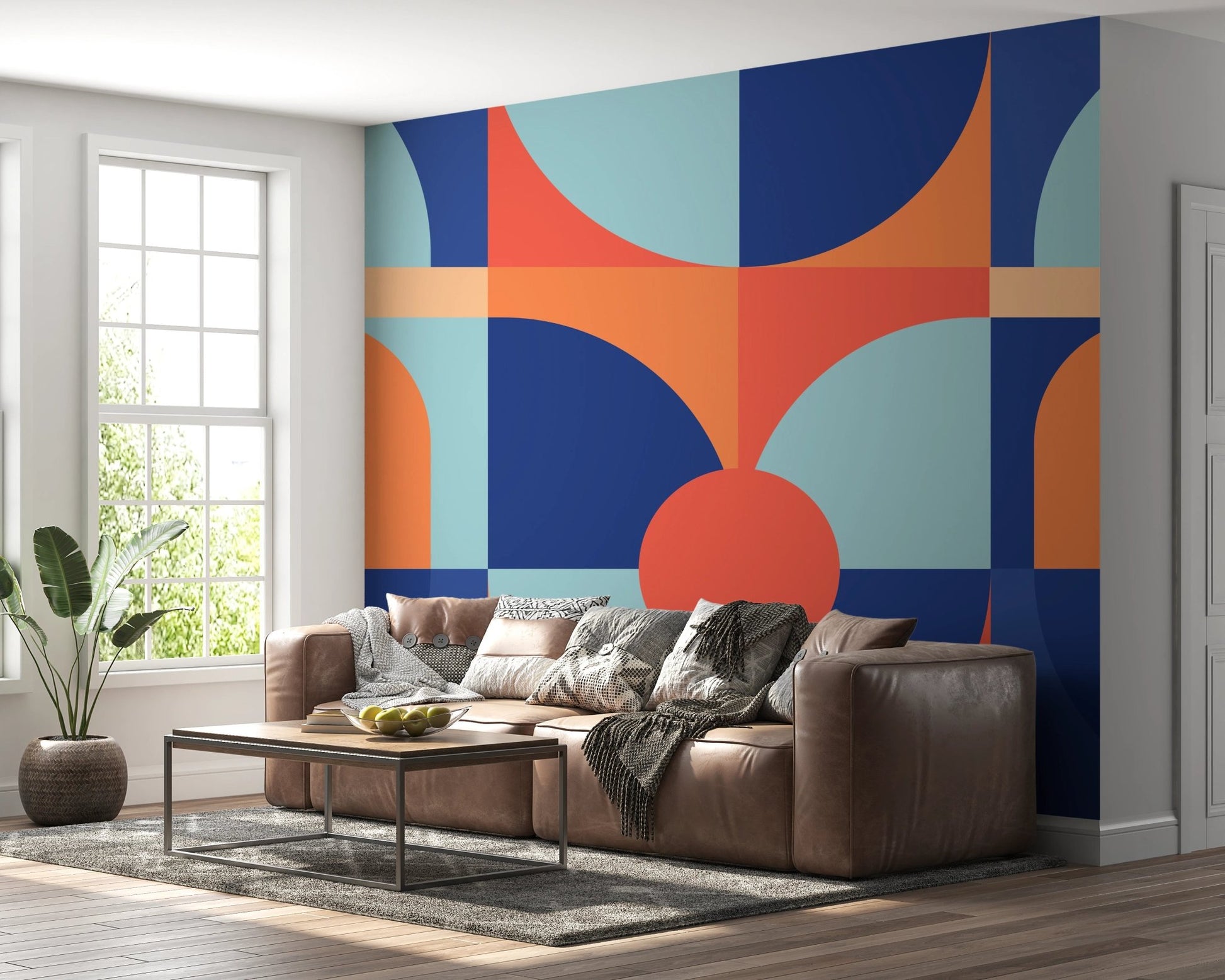 Curved Geometry Wall Mural in a contemporary living space with a brown leather couch