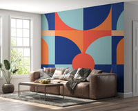 Curved Geometry Wall Mural in a contemporary living space with a brown leather couch