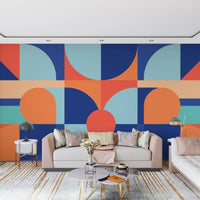Curved Geometry Wall Mural behind a light beige couch in a sunlit interior