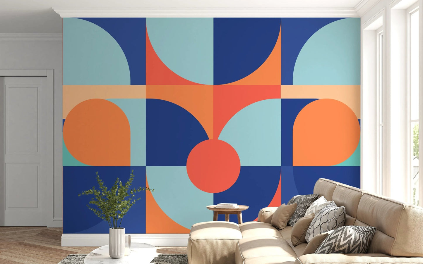 Curved Geometry Wall Mural in a workspace with a wooden desk and white walls