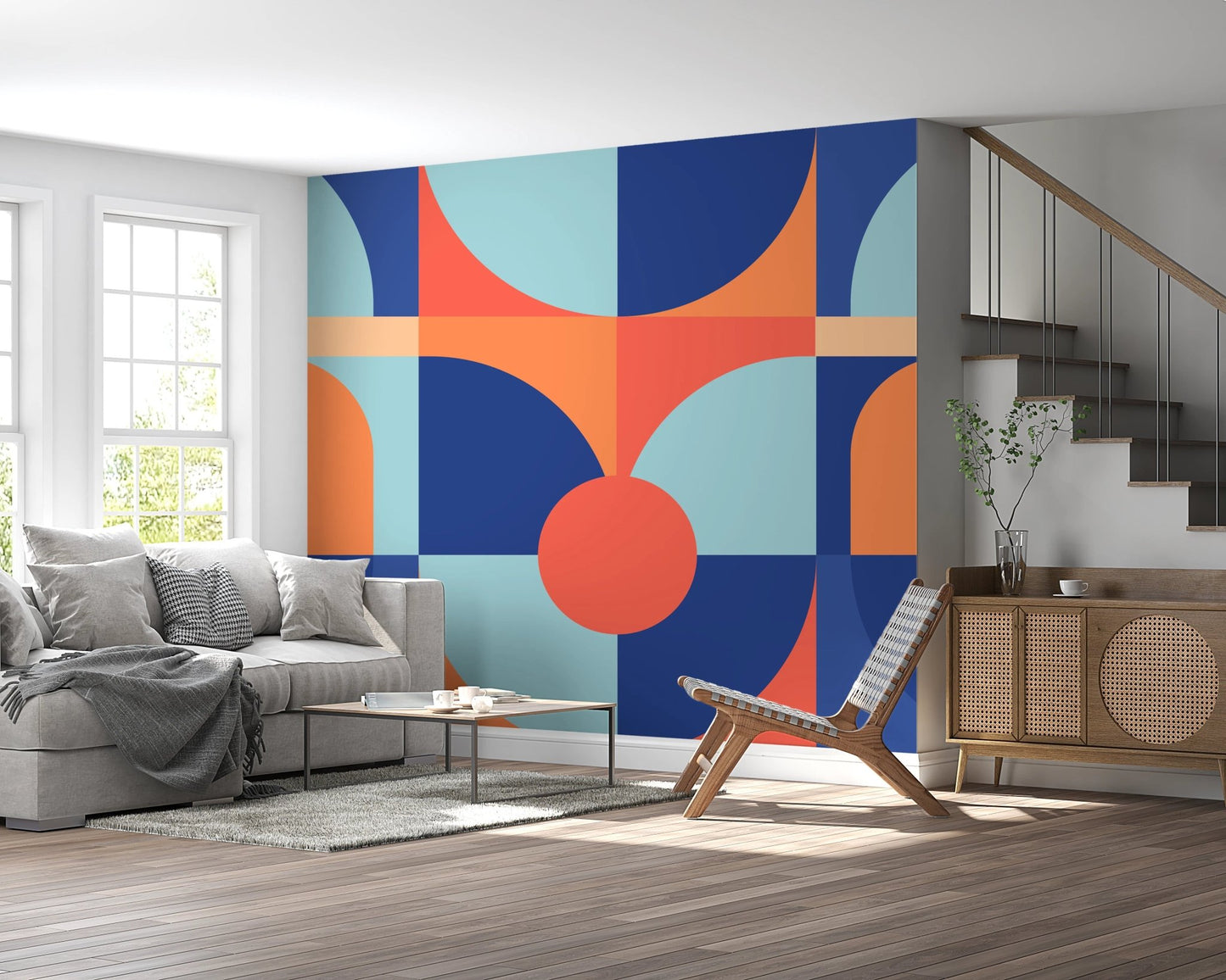 Curved Geometry Wall Mural in a minimalist studio apartment with a modern chair