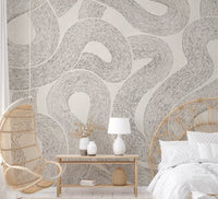 Beige background wall mural with grey curved lines for contemporary bedroom
