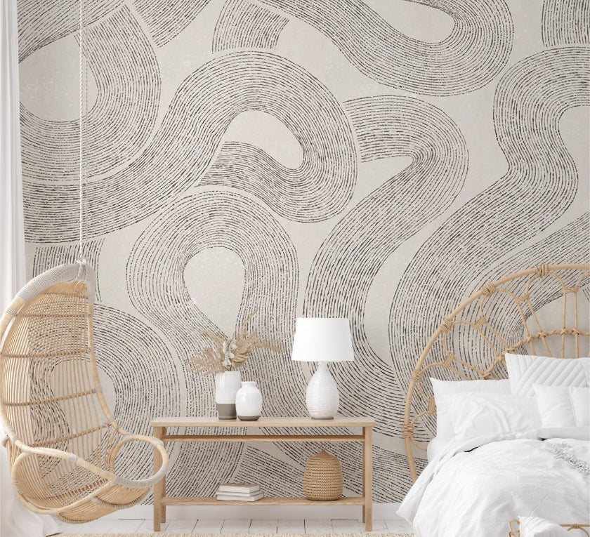 Beige background wall mural with grey curved lines for contemporary bedroom