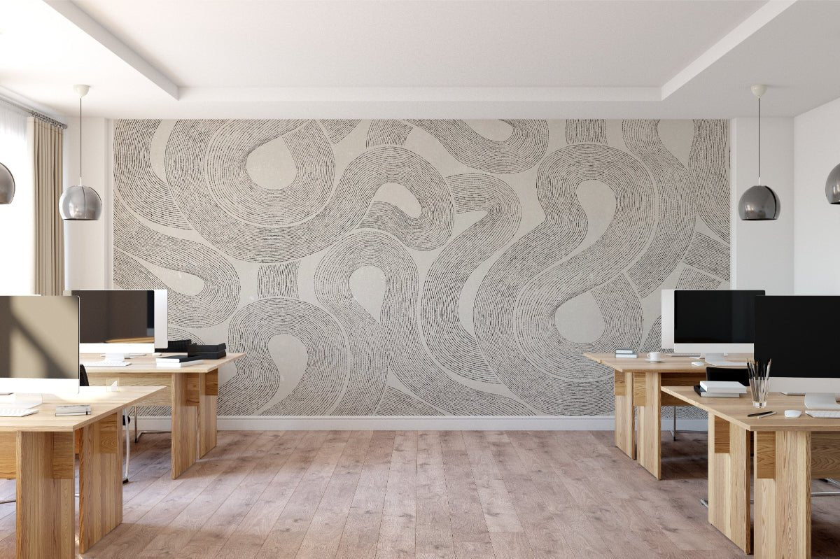 Abstract grey sketched line wall mural fitting an industrial office workspace