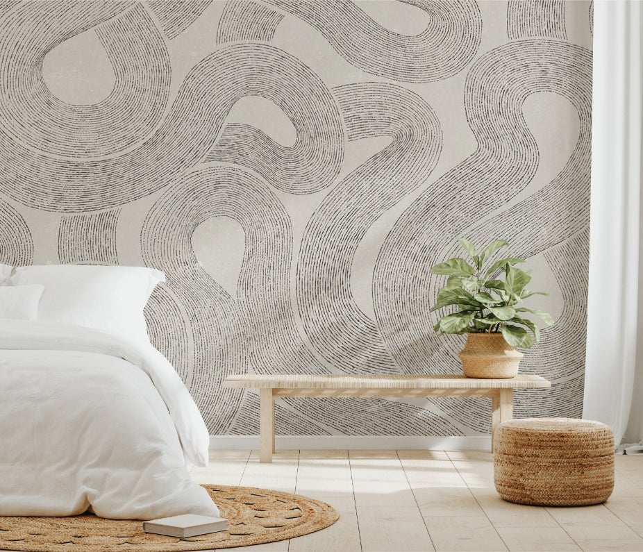 Organic flowing abstract wall mural with curved line art for a modern home.