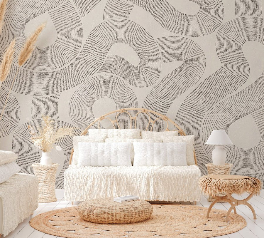 Curved Line Abstract Wall Mural for a modern beige living room.