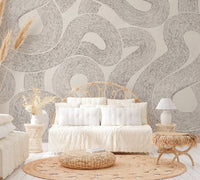 Curved Line Abstract Wall Mural for a modern beige living room.