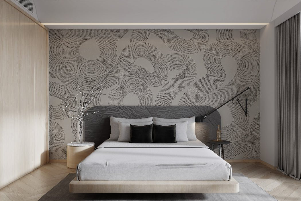 Continuous flowing line wall mural for a minimalist bedroom interior.