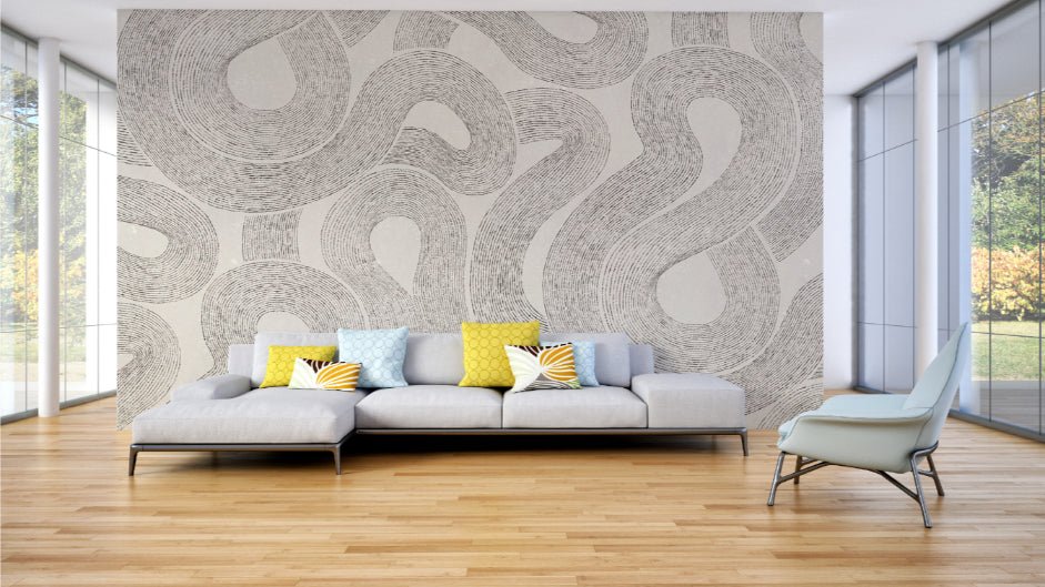 Flowing abstract line wall mural for a bohemian themed living room interior