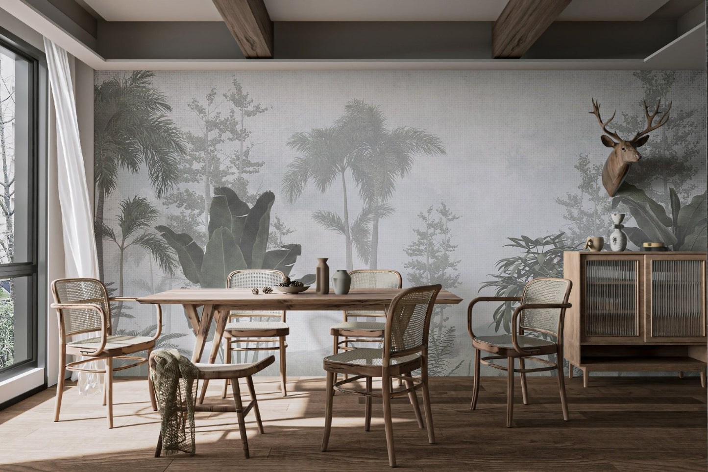 Modern tropical trees and leaves wall mural design in sunlit dining area.