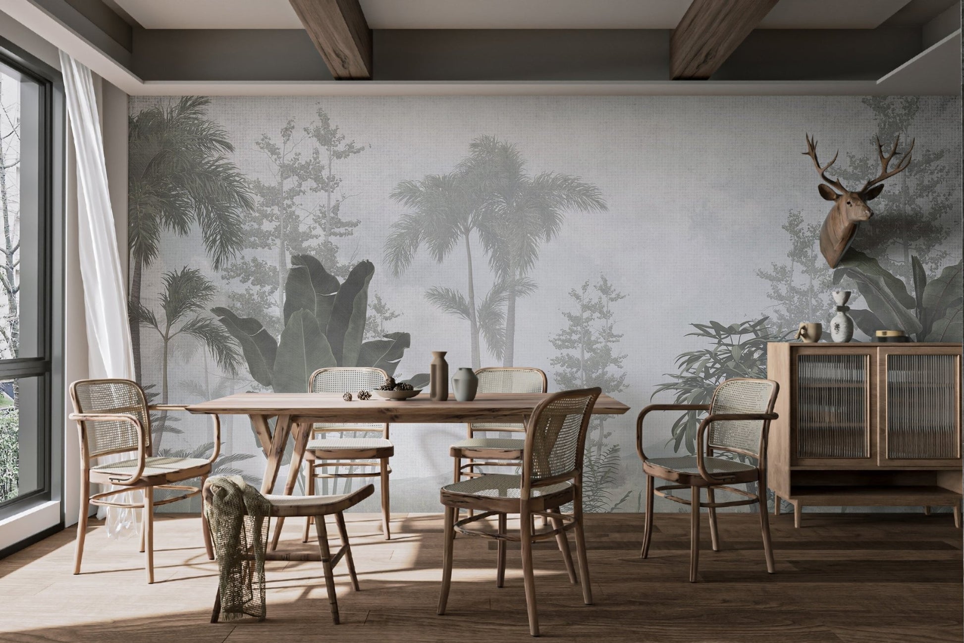 Modern tropical trees and leaves wall mural design in sunlit dining area.