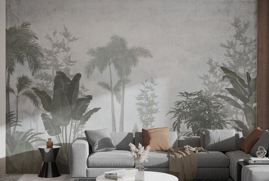Elegant tropical foliage wall mural with natural tone in open plan living area.