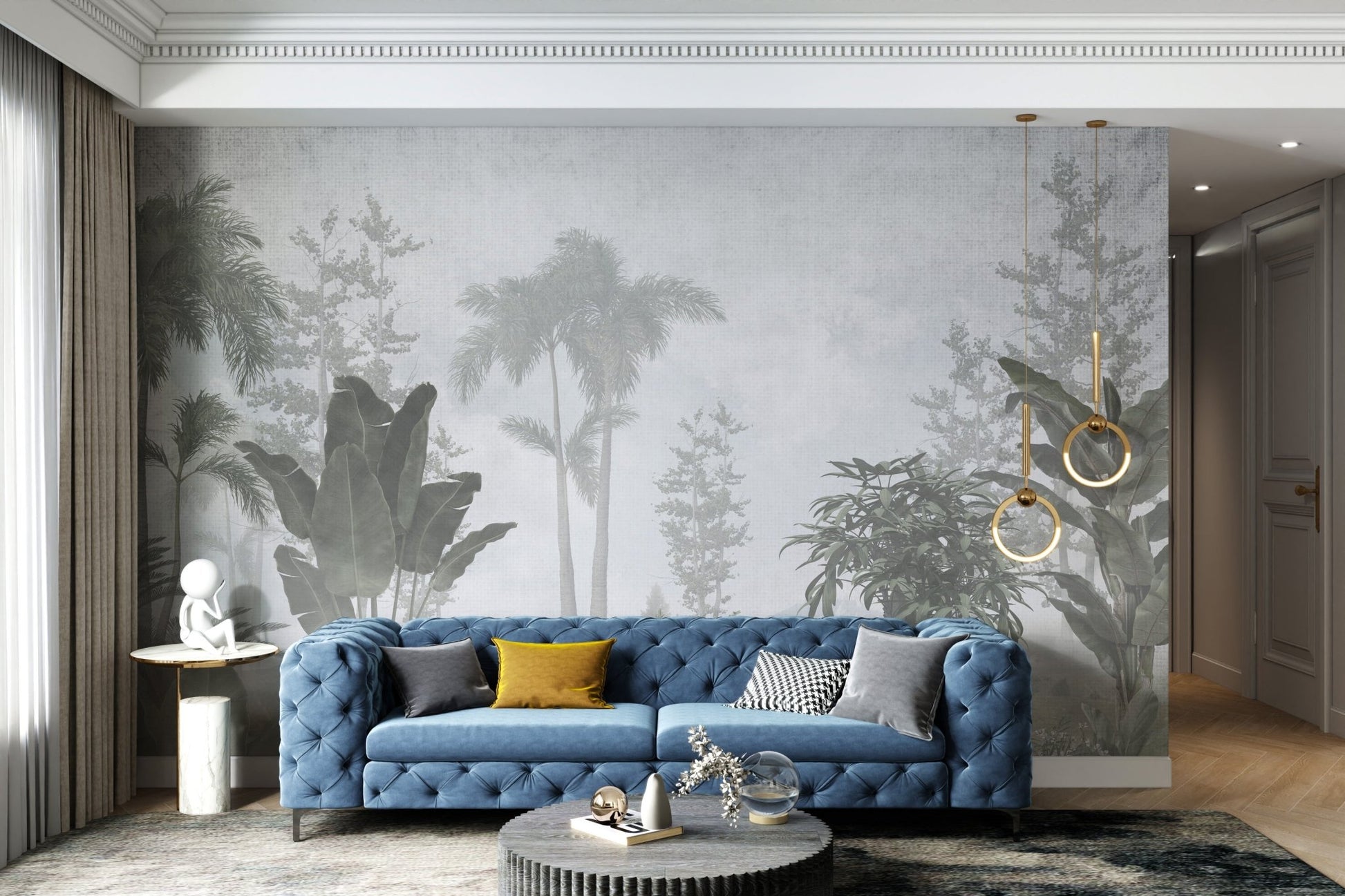 Peaceful nature-inspired tropical leaves wall mural in hallway.