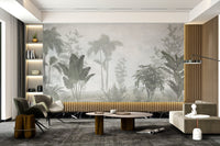 Soft green tropical trees wall mural for a calming seating space.