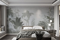 Gray and green tropical foliage wall mural for large bedroom.