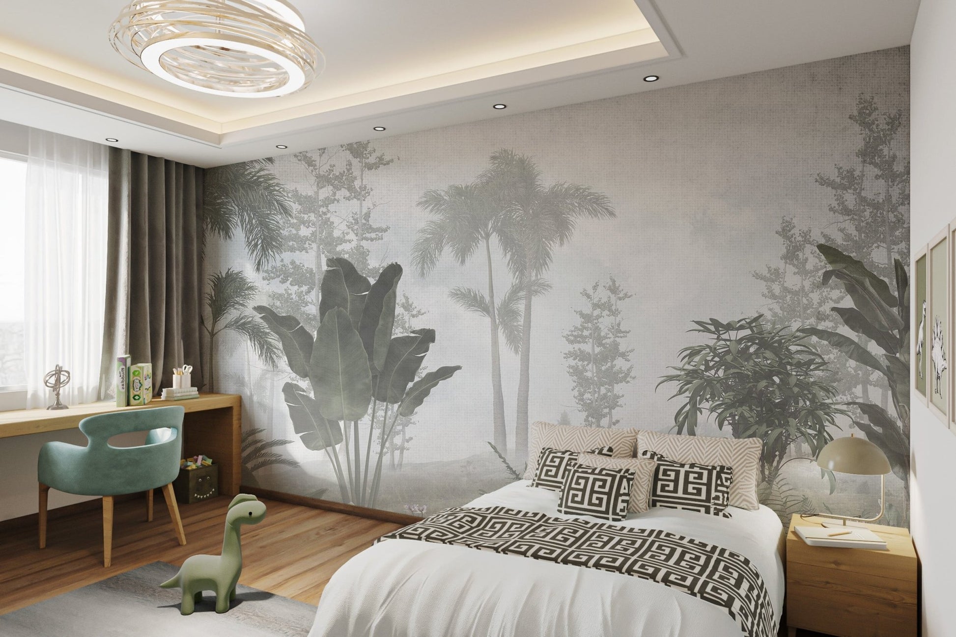 Nature-themed wall mural featuring tropical leaves in cozy bedroom.