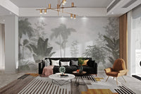 Serene tropical foliage wall mural in green and gray for living room.