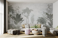 Subtle green tropical wall mural for peaceful seating room ambiance.