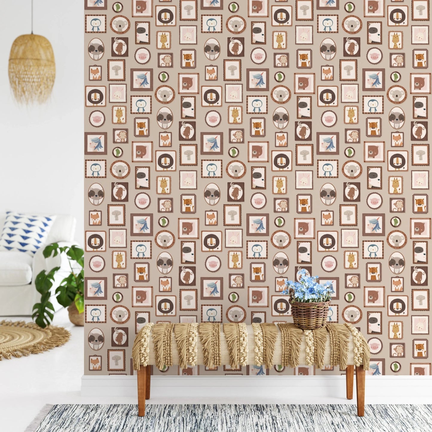 Seamless pattern of framed nursery animals wall murals.