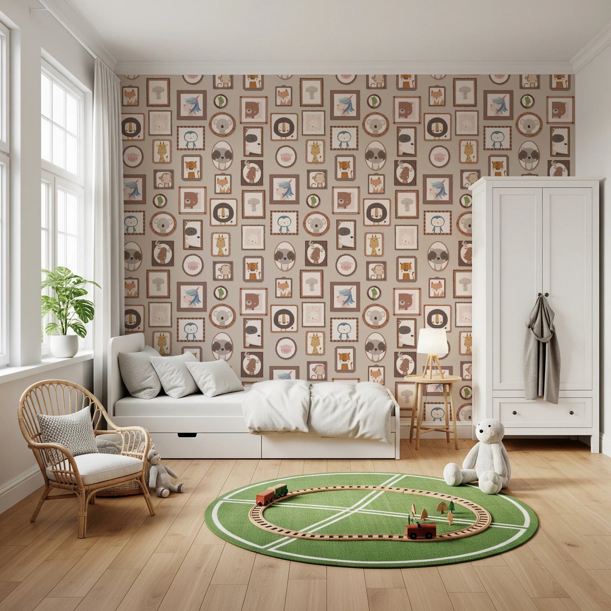 Cute hand-drawn safari animals in frames wall murals.