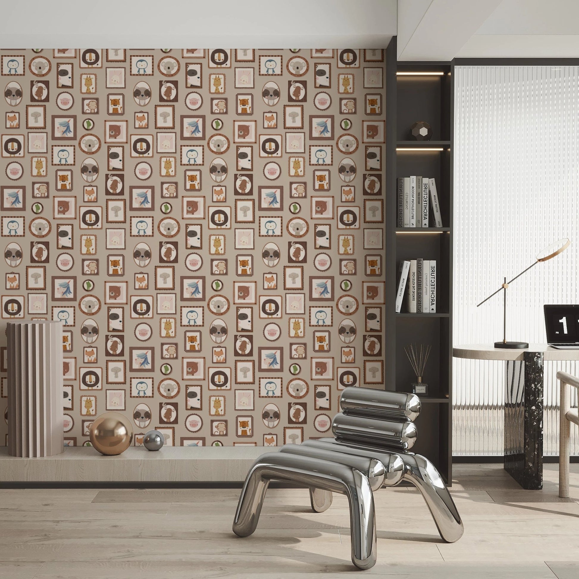 Whimsical framed animal characters wallpaper murals.