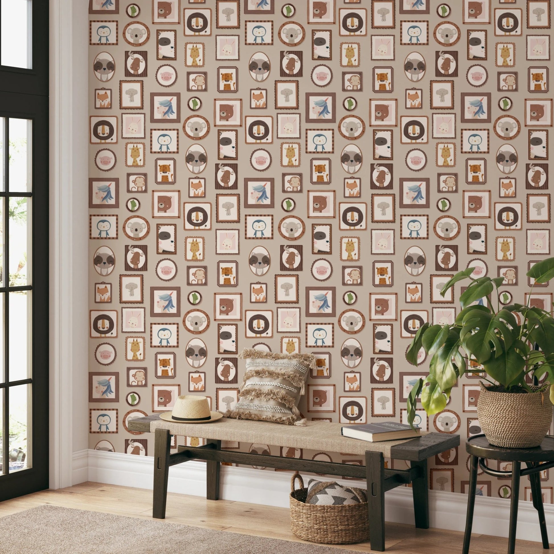 Illustrated woodland creatures in frames wallpaper murals.