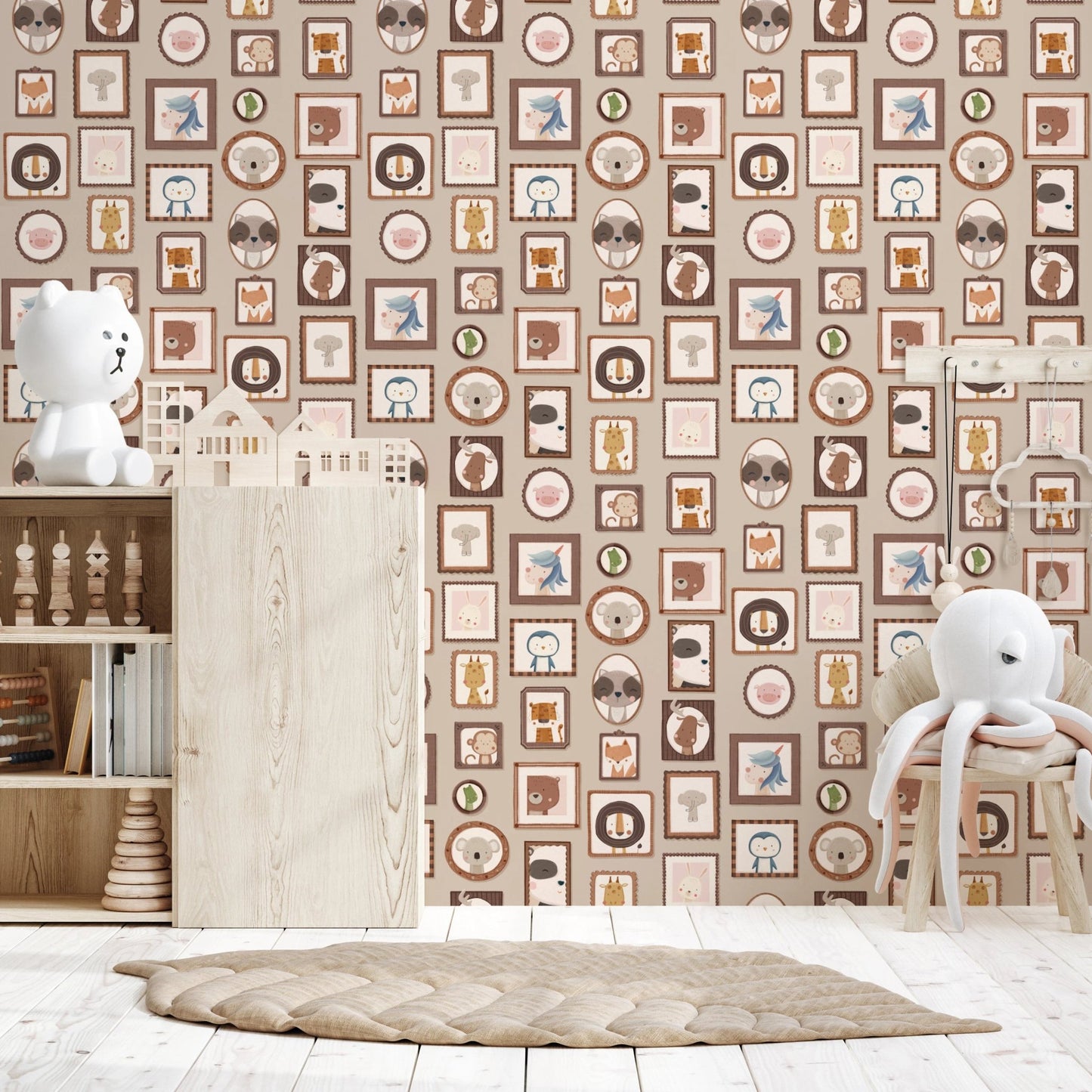 Playful framed teddy bears and lions wallpaper murals.