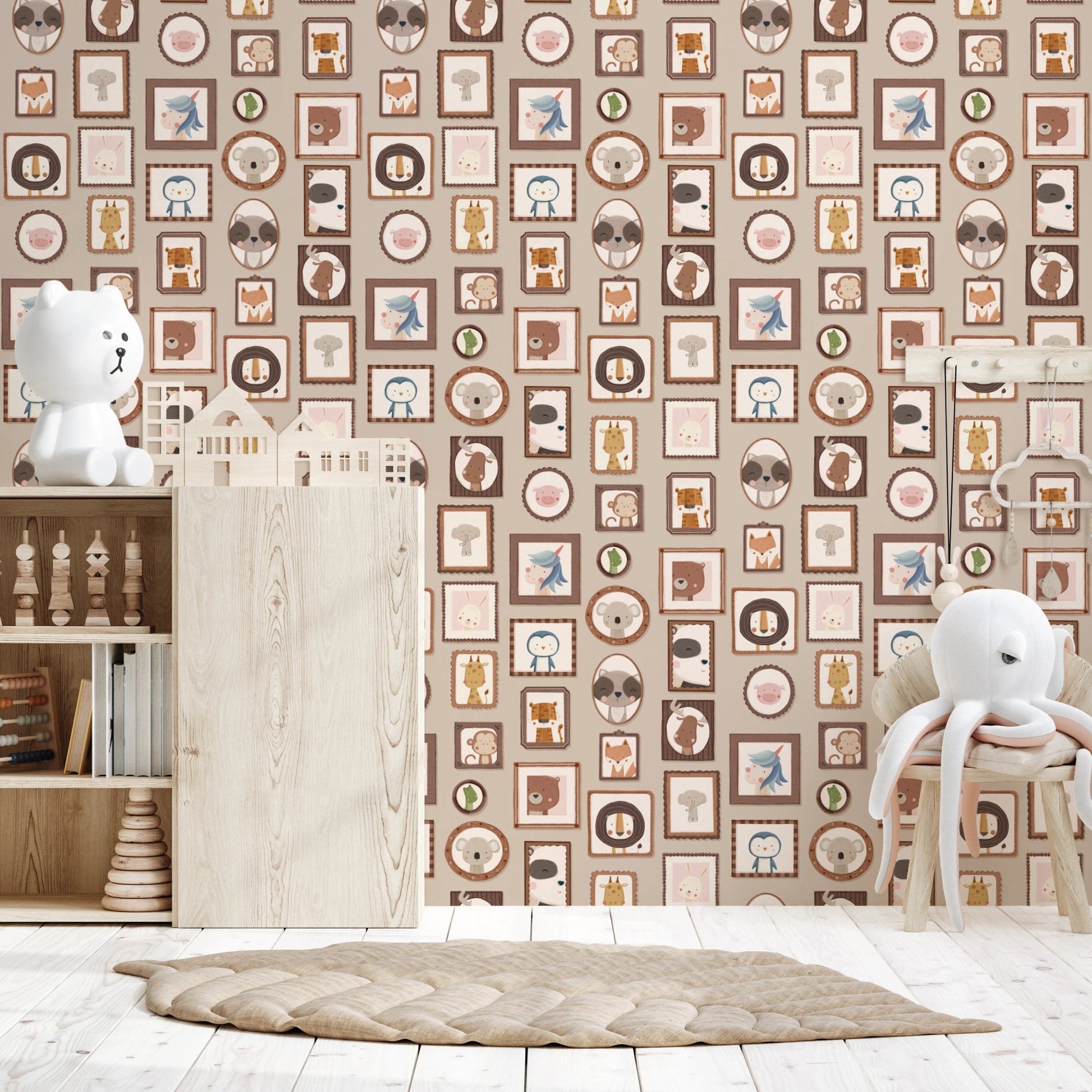 Playful framed teddy bears and lions wallpaper murals.