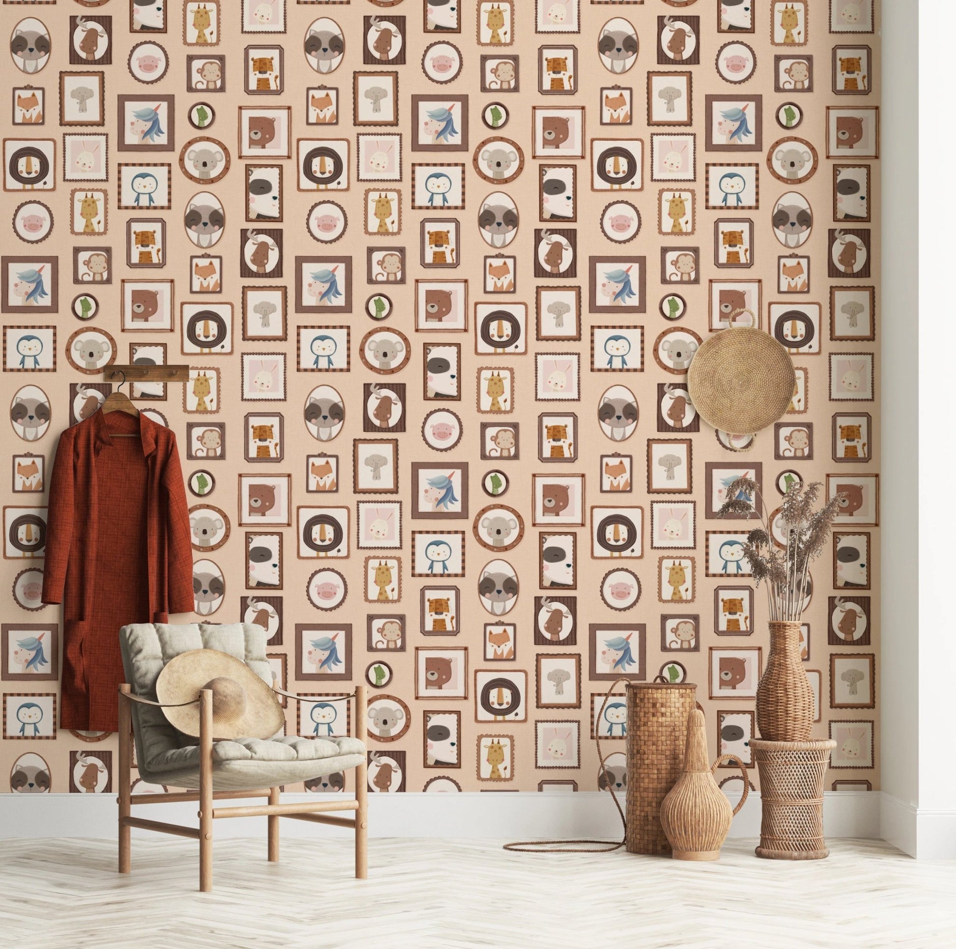 Soft-toned wildlife character art for wall murals.