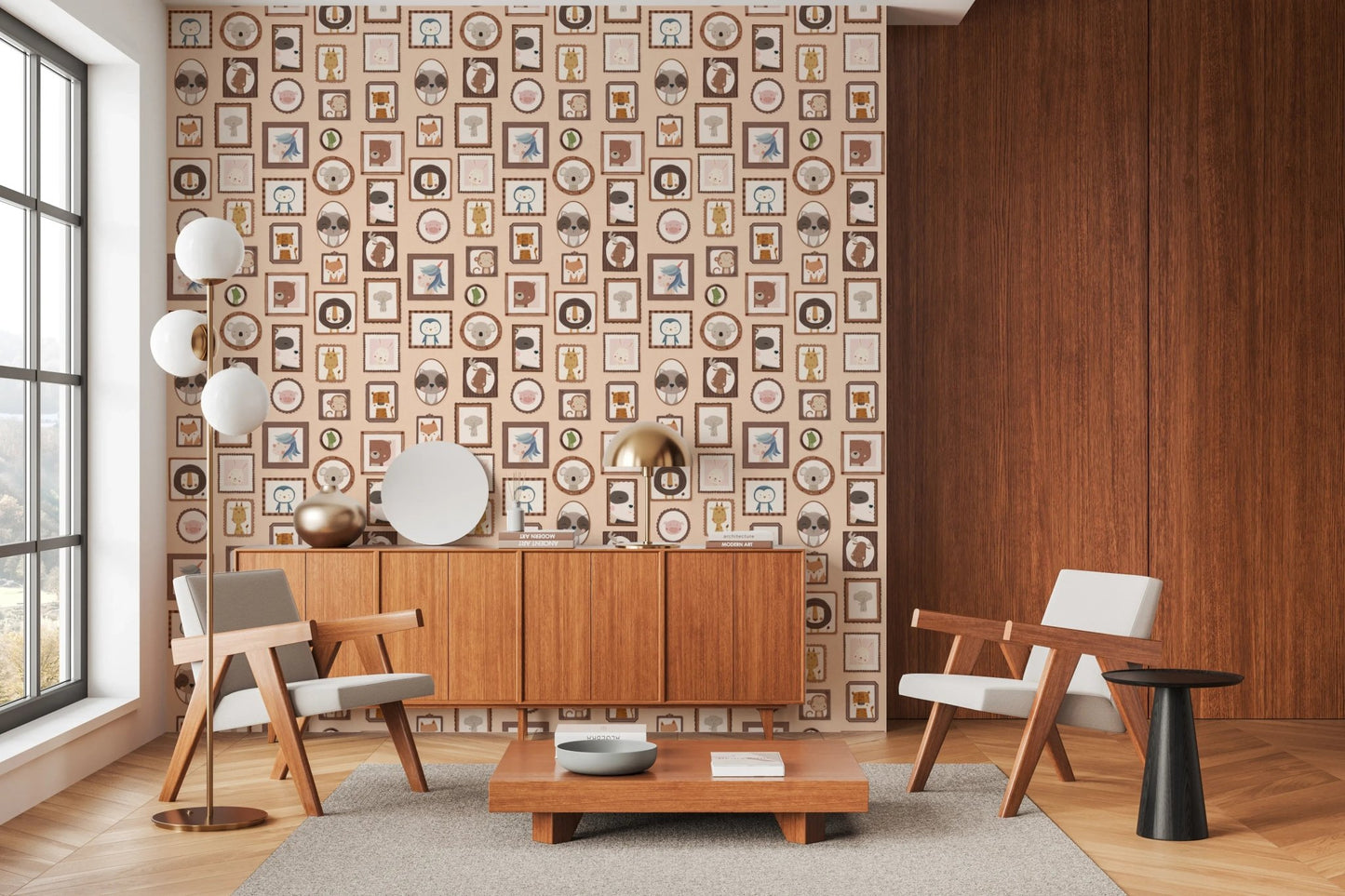 Sweet nursery-style animal portraiture wallpaper murals.