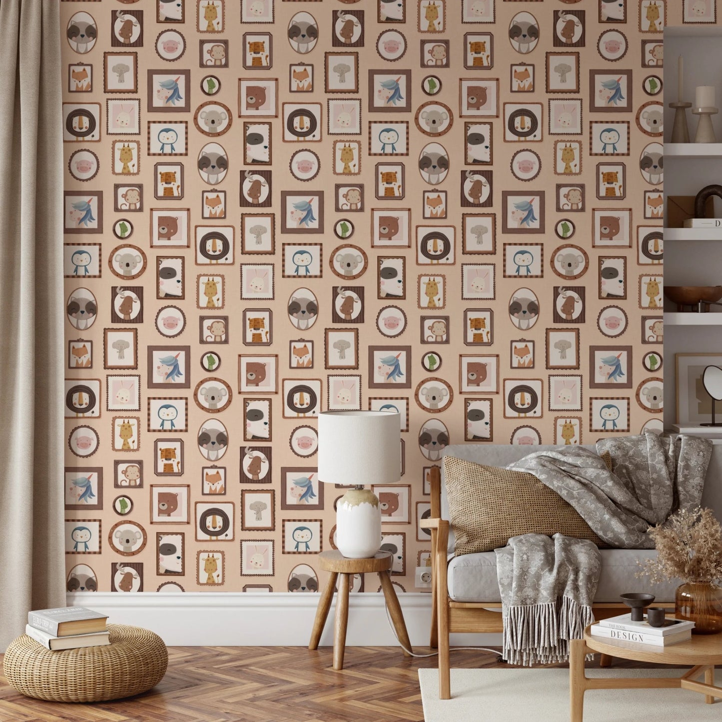 Adorable creature portraits repeating on wallpaper murals.