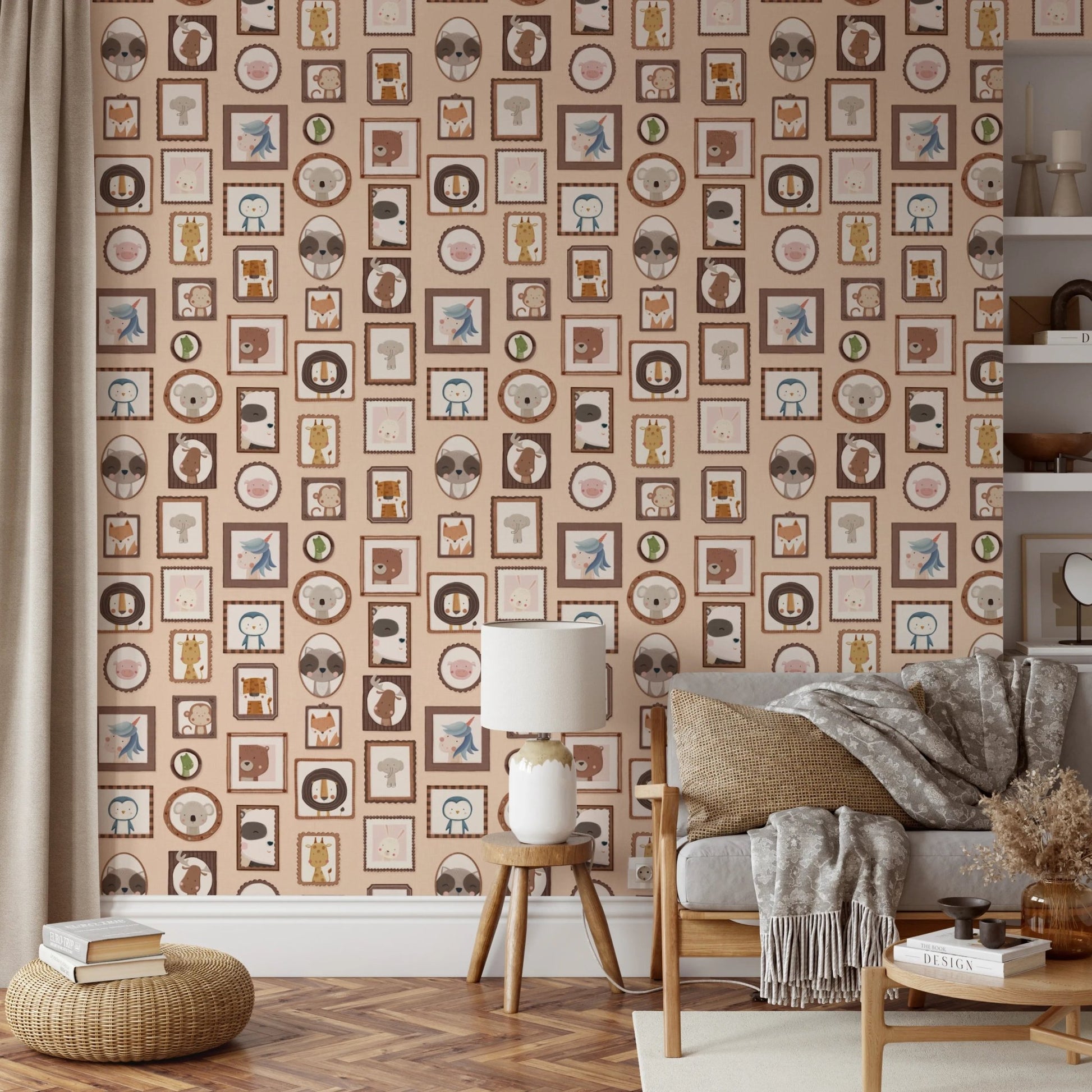 Adorable creature portraits repeating on wallpaper murals.