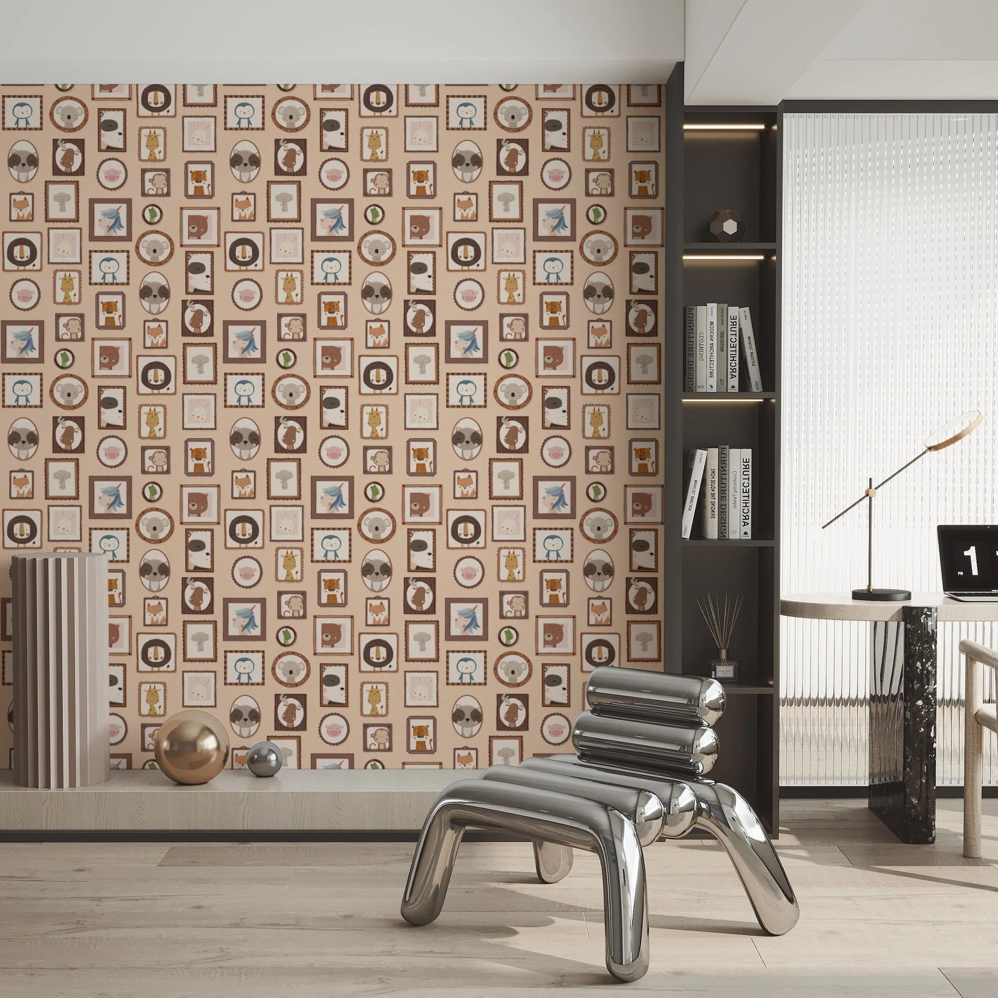 Minimalist framed animal faces on custom wall murals.