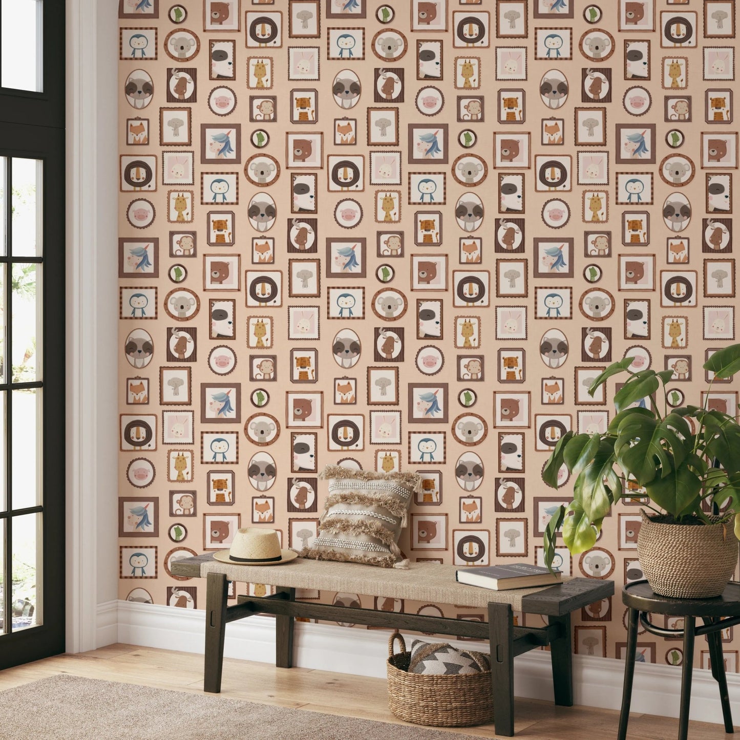 Cartoon zoo portraits pattern on cream wallpaper murals.