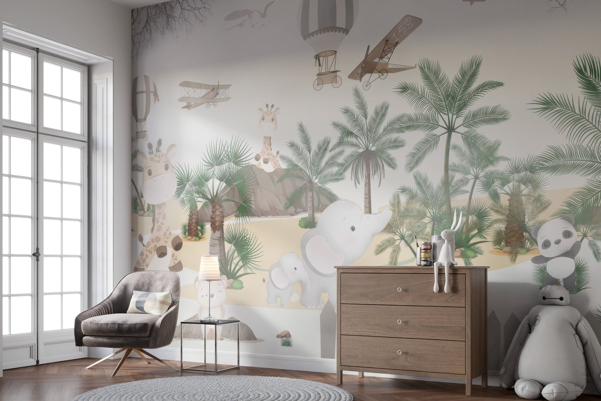 Cute animal safari wall mural wallpaper with giraffe and elephant art.