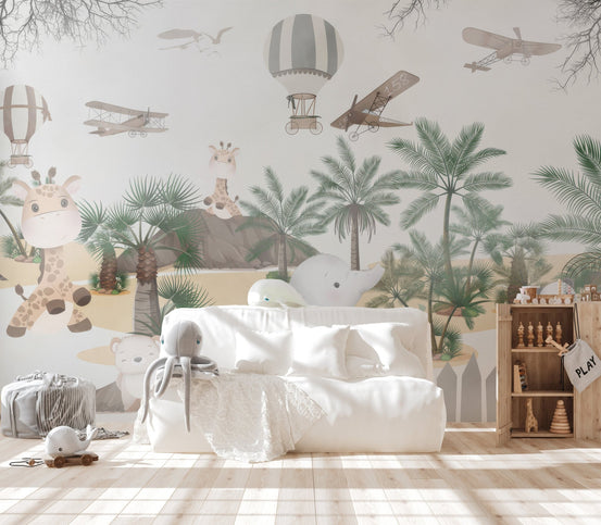 Decorative animal wallpaper featuring elephants and giraffes.