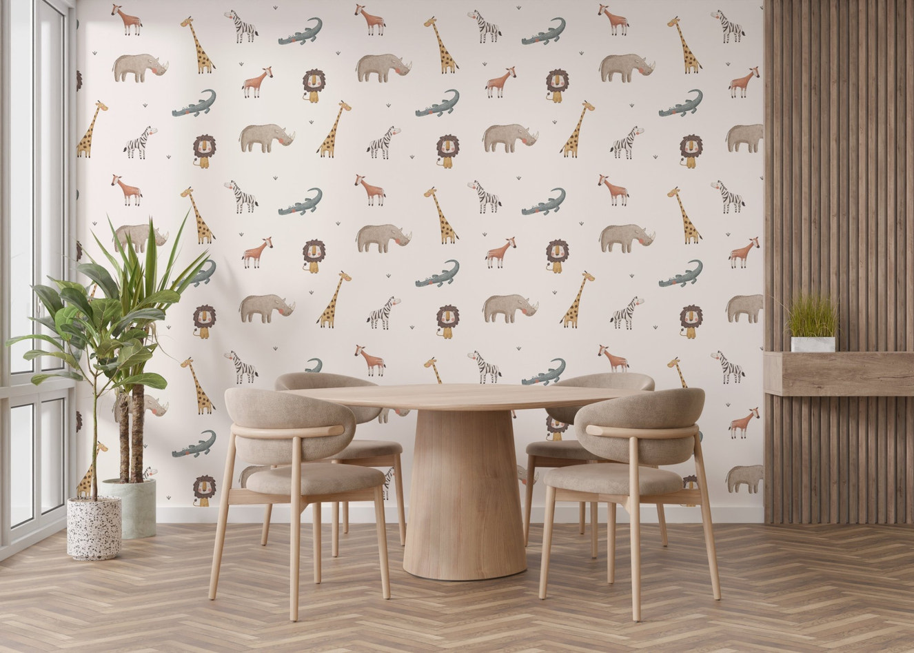 Cute animals jungle safari wallpaper with giraffe, zebra and rhino pattern for dining room.