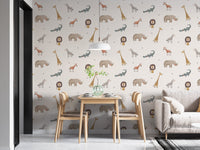 Neutral animal wallpaper for dining room with crocodile and giraffe motifs.