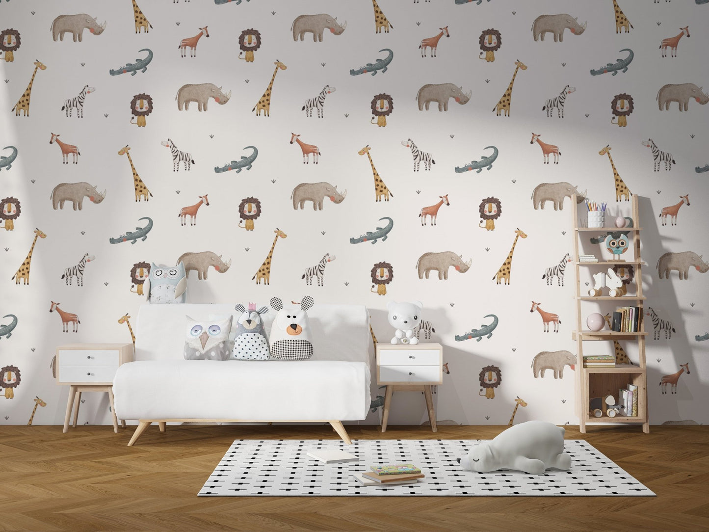Kids safari wall mural with zebra, crocodile, antelope, and giraffe.