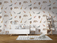 Kids safari wall mural with zebra, crocodile, antelope, and giraffe.