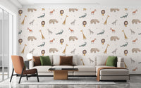 Whimsical safari wallpaper with rhino, lion and zebra illustrations for living space backdrop.