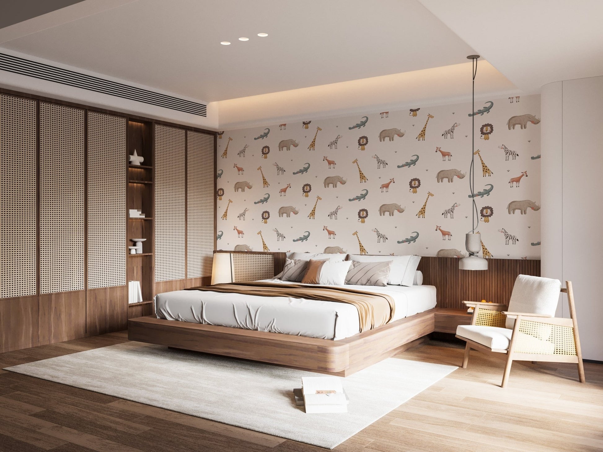 Animal safari wallpaper for bedroom with giraffe, zebra, lion and rhino.