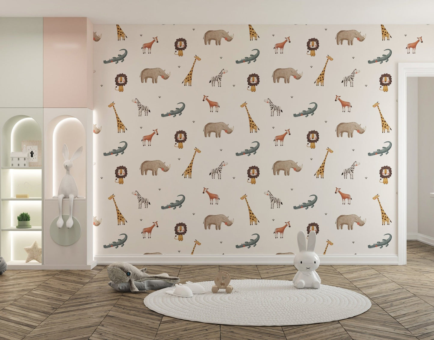 Animal pattern wallpaper in beige and brown with a soft watercolor look.