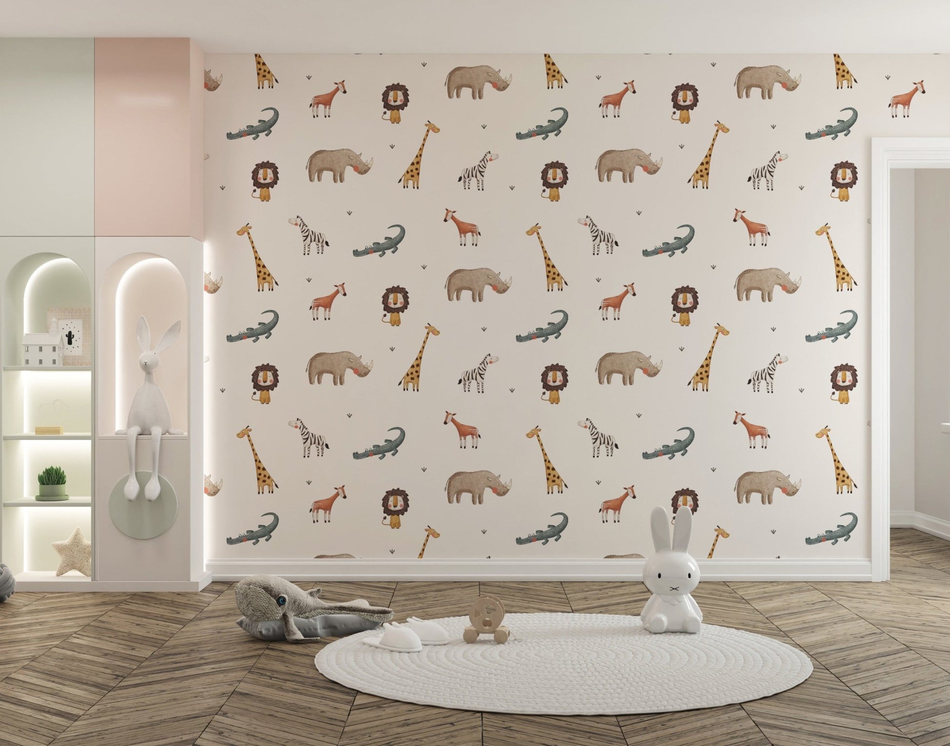 Animal pattern wallpaper in beige and brown with a soft watercolor look.